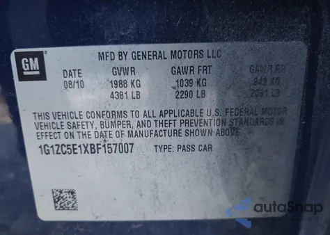 2011 Chevrolet Malibu 1Lt from USA, damaged, VIN 1G1ZC5E1XBF157007